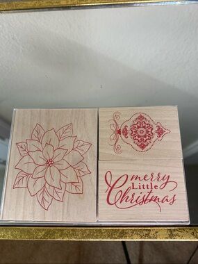 Recollections Christmas Wood Stamp Set - Red Floral Poinsettia & Ornament